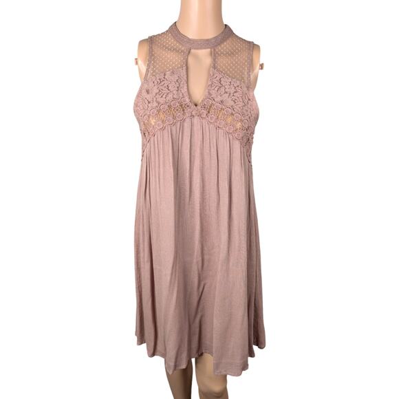 Altar'd State Dresses & Skirts - NWT Altar'd State Taupe Lace Crochet Swiss Dot Shift Dress Tunic Cottagecore S